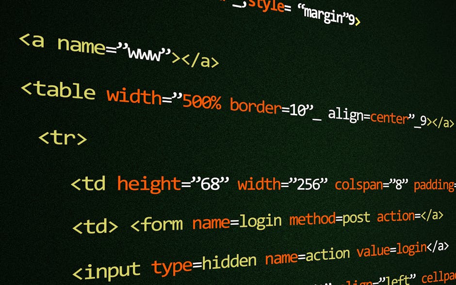 Close-up view of a computer screen displaying lines of HTML code with various tags, attributes, and nested elements in different colours, indicating code editing or web development work. The backgroun